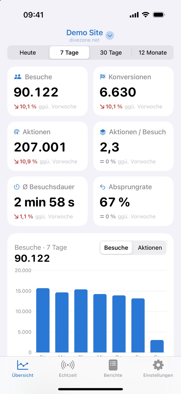 Übersicht mit Kennzahlen und Besuchsdiagramm
