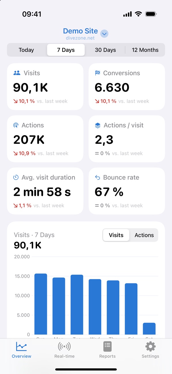 Overview with key metrics and visits chart